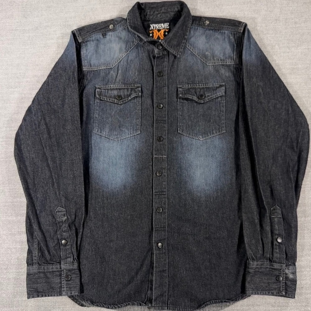 Xtreme Couture Denim Shirt Mens L Dark Wash Excellent Western Snap Epaulets